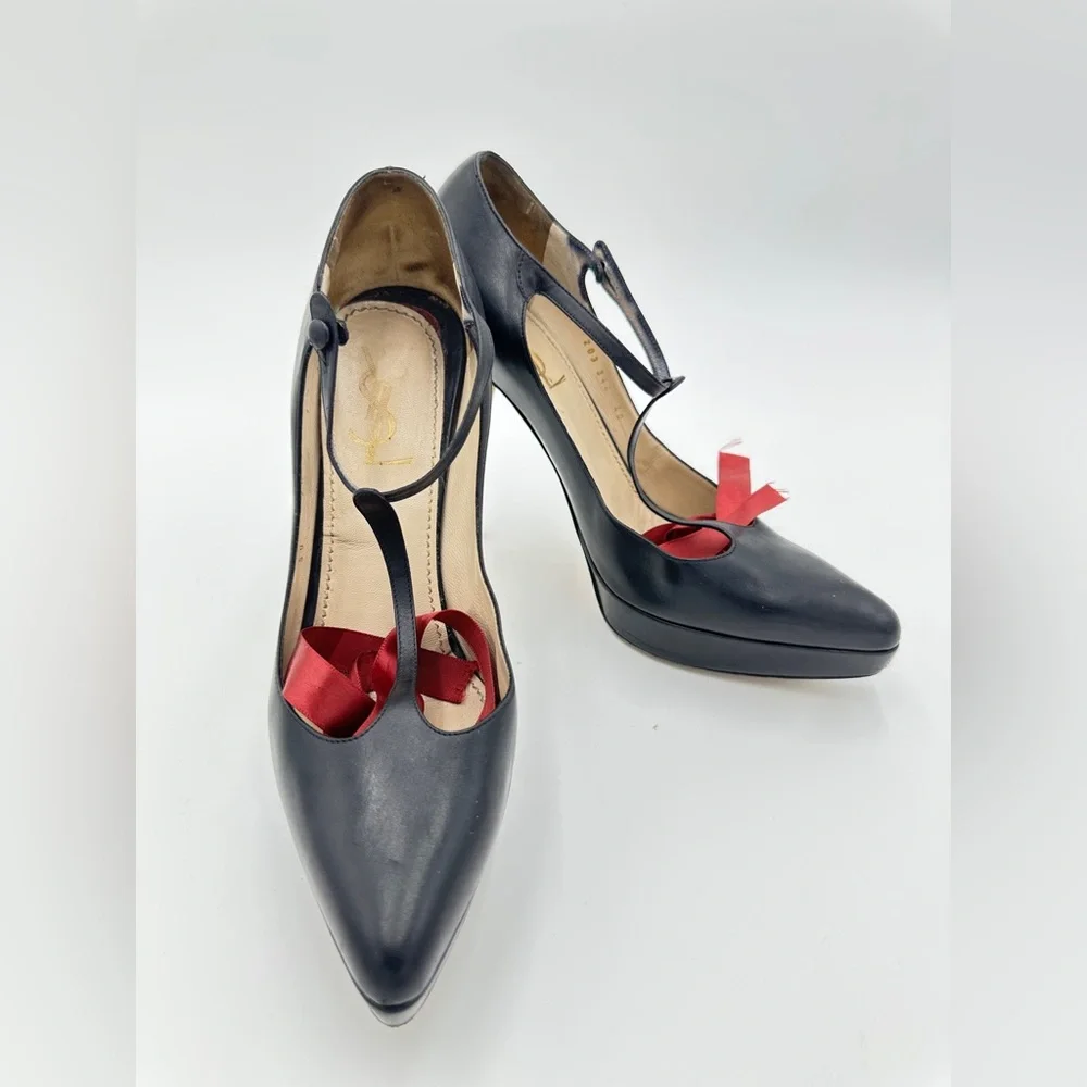 YSL Mary‎ Jane Pumps Black Leather 40 US 10 Yves Saint Laurent Heels Rive Gauche